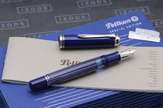 Pelikan Souveran M815 Metal Striped Blue Fountain Pen - DIPPED - Fine Nib