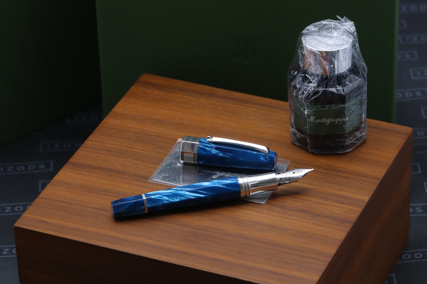 Montegrappa Extra Otto Custom Turquoise Celluloid Silver Fountain Pen - Stub Nib