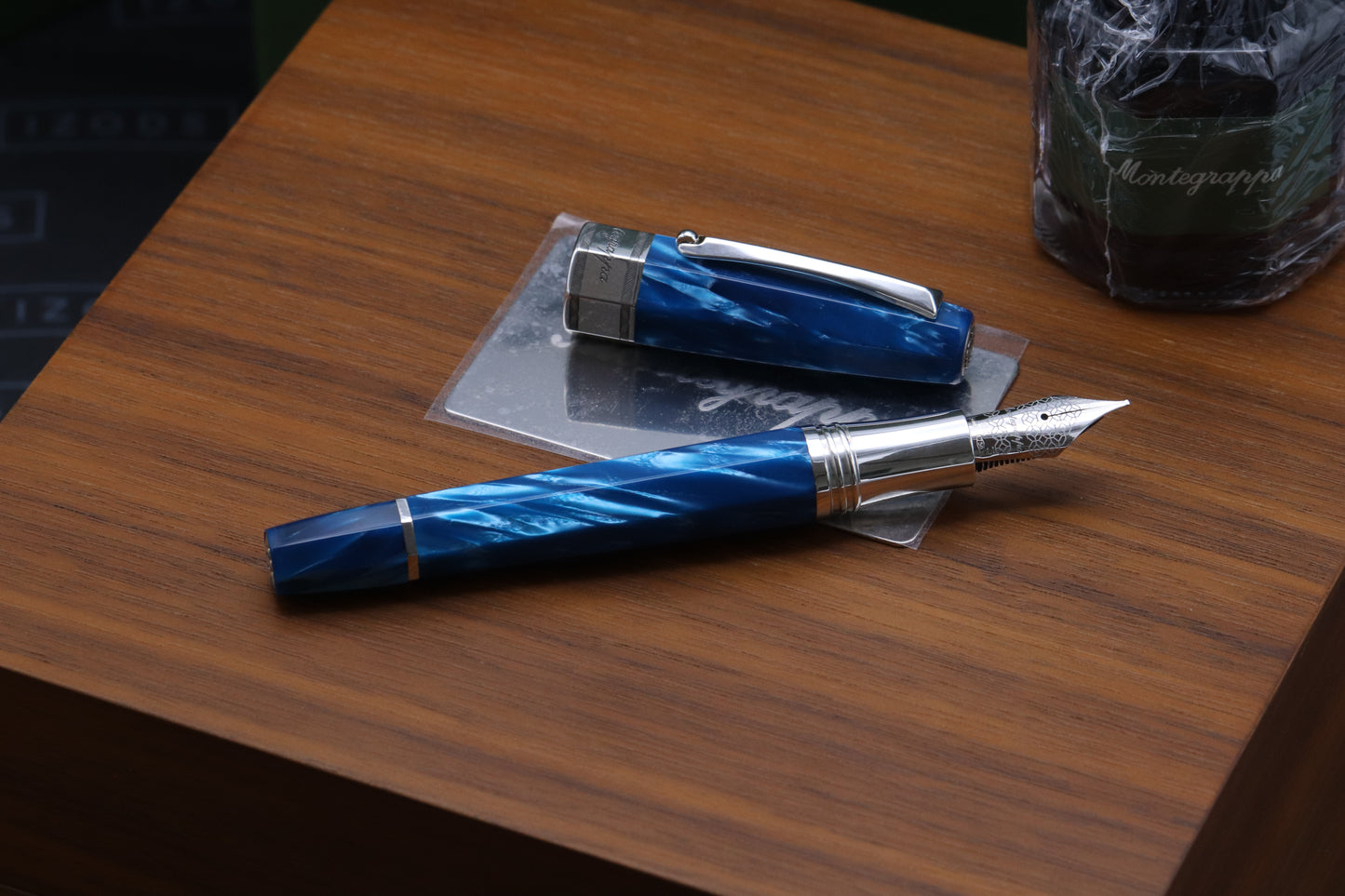 Montegrappa Extra Otto Custom Turquoise Celluloid Silver Fountain Pen - Stub Nib
