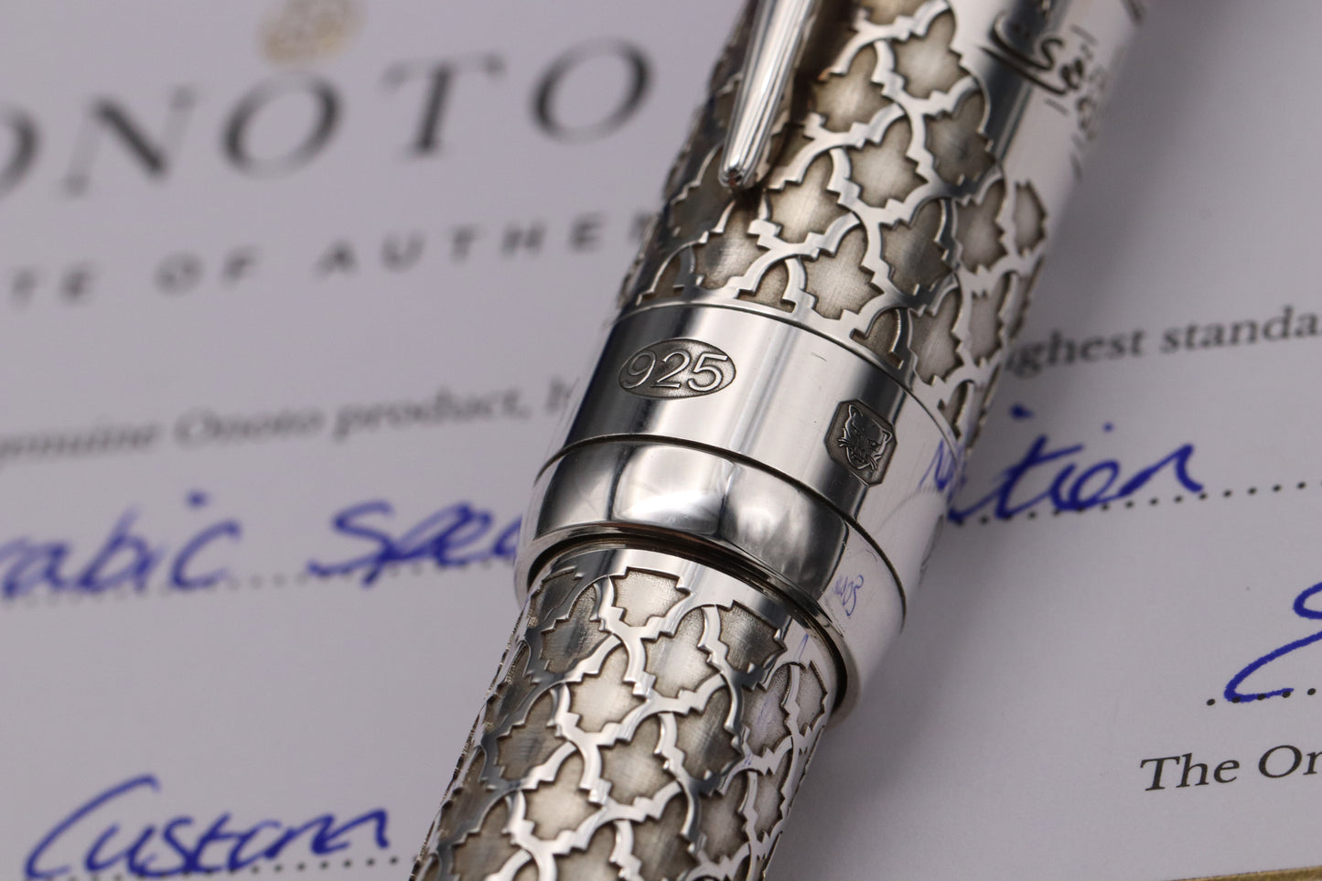 Onoto Magna Arabic Silver 1/1 Fountain Pen - Plunger Filler - #8 Stub Nib
