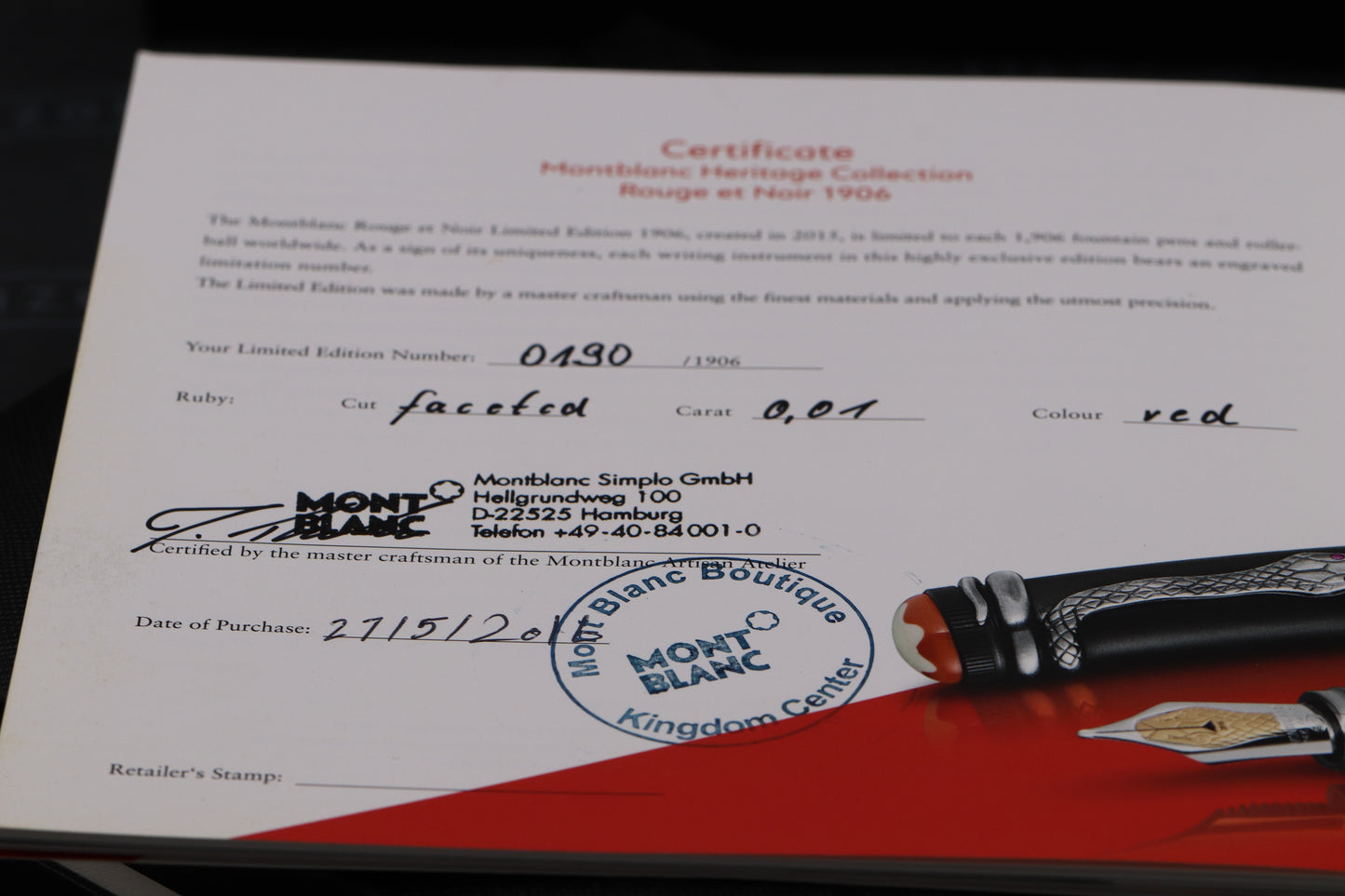 Montblanc Heritage Collection Rouge et Noir Ebonite LE1906 Rollerball Pen