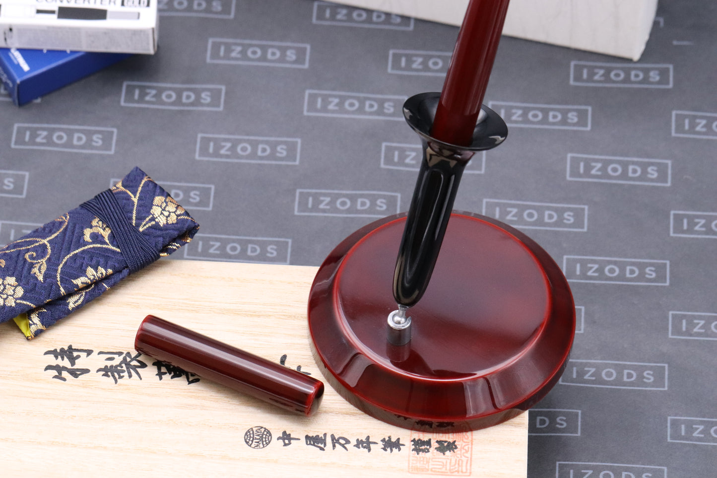 Nakaya Aka-tamenuri Desk Fountain Pen and Holder Set - DIPPED - SF Nib